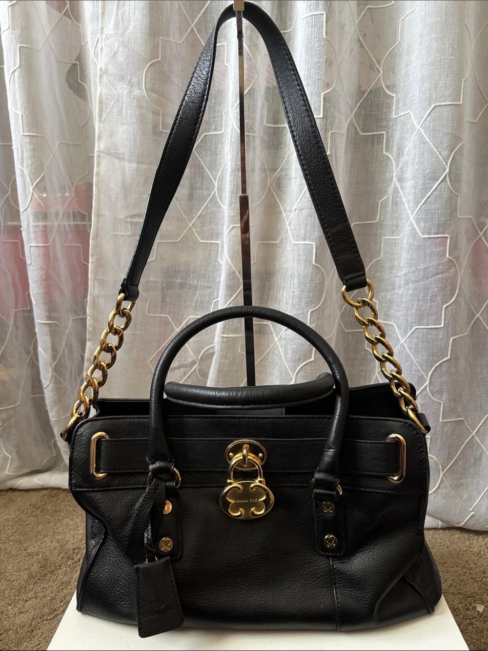 Emma Fox Black Leather Shoulder Bag with Gold Hardware & Magnetic Closure